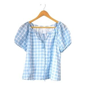 AMANDA UPRICHARD New York Blue and White Smocked Puff Sleeve Blouse